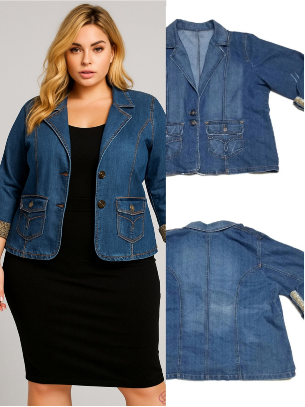 Vintage 80s Distressed Mid-Wash V-neck Cheetah Trim Studded Denim Jacket 3X